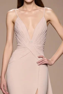 Champagne A Line Satin Ruched Maxi Vestido de Noite com Fenda