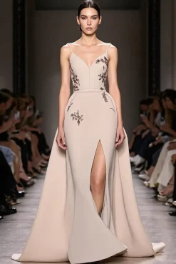 Champagne A Line Spaghetti Correias Vestido de Noite Longo Com Fenda