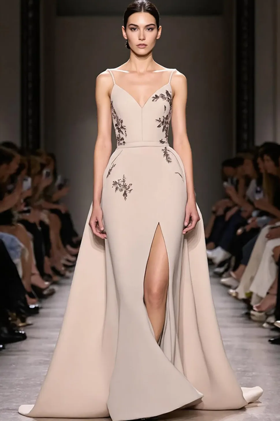 Champagne A Line Spaghetti Correias Vestido de Noite Longo Com Fenda