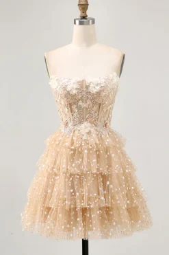 Champagne A Line Strapless Tiered Appliqued Homecoming Dress