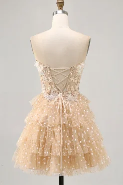Champagne A Line Strapless Tiered Appliqued Homecoming Dress