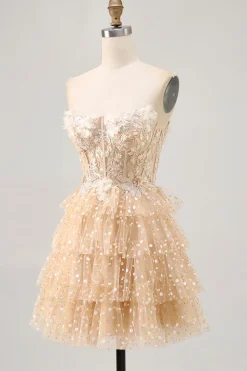 Champagne A Line Strapless Tiered Appliqued Homecoming Dress