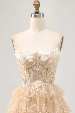 Champagne A Line Strapless Tiered Appliqued Homecoming Dress