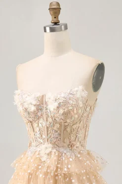 Champagne A Line Strapless Tiered Appliqued Homecoming Dress