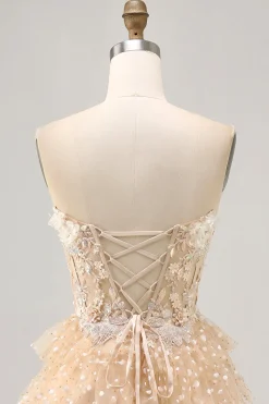 Champagne A Line Strapless Tiered Appliqued Homecoming Dress