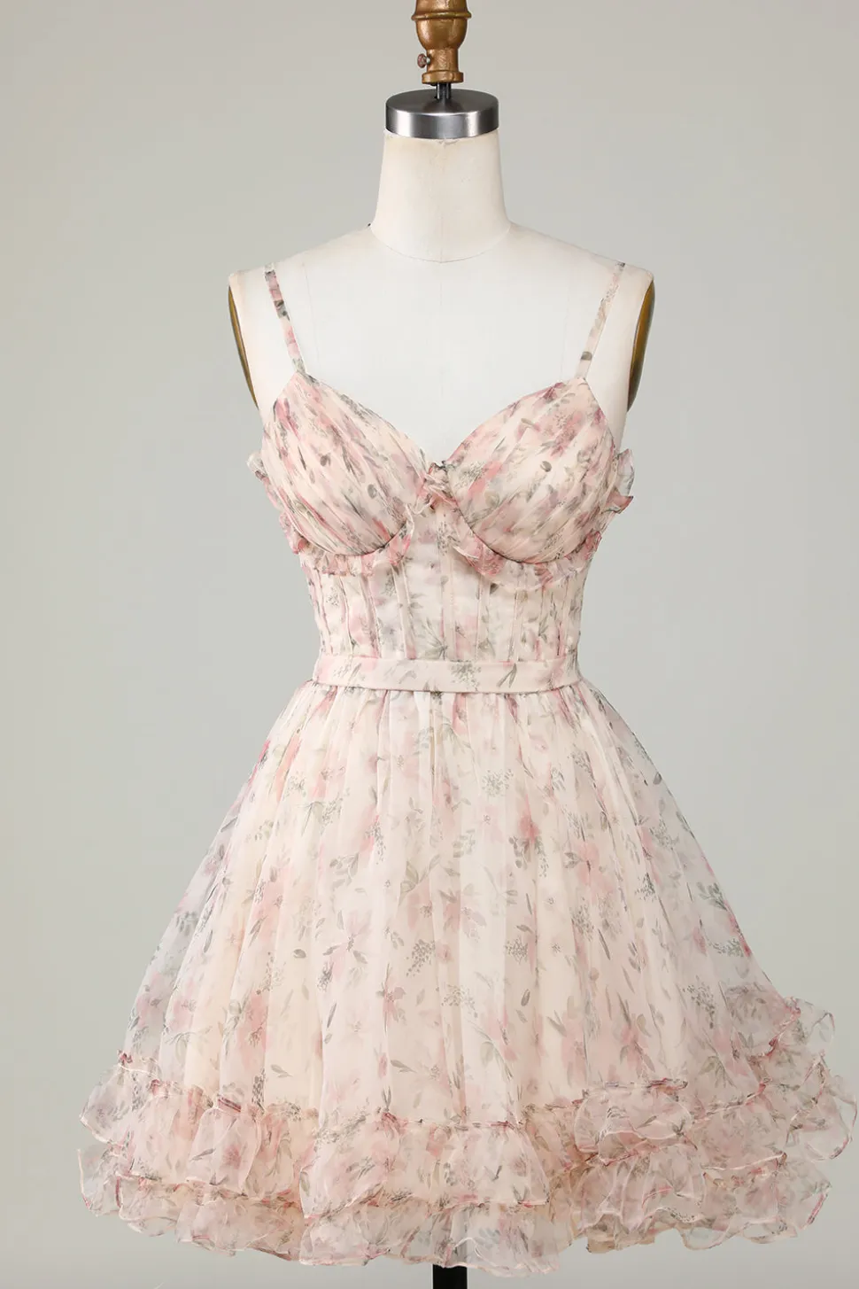 Champagne A-Line Corset Vestido Curto Homecoming Floral