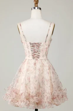 Champagne A-Line Corset Vestido Curto Homecoming Floral