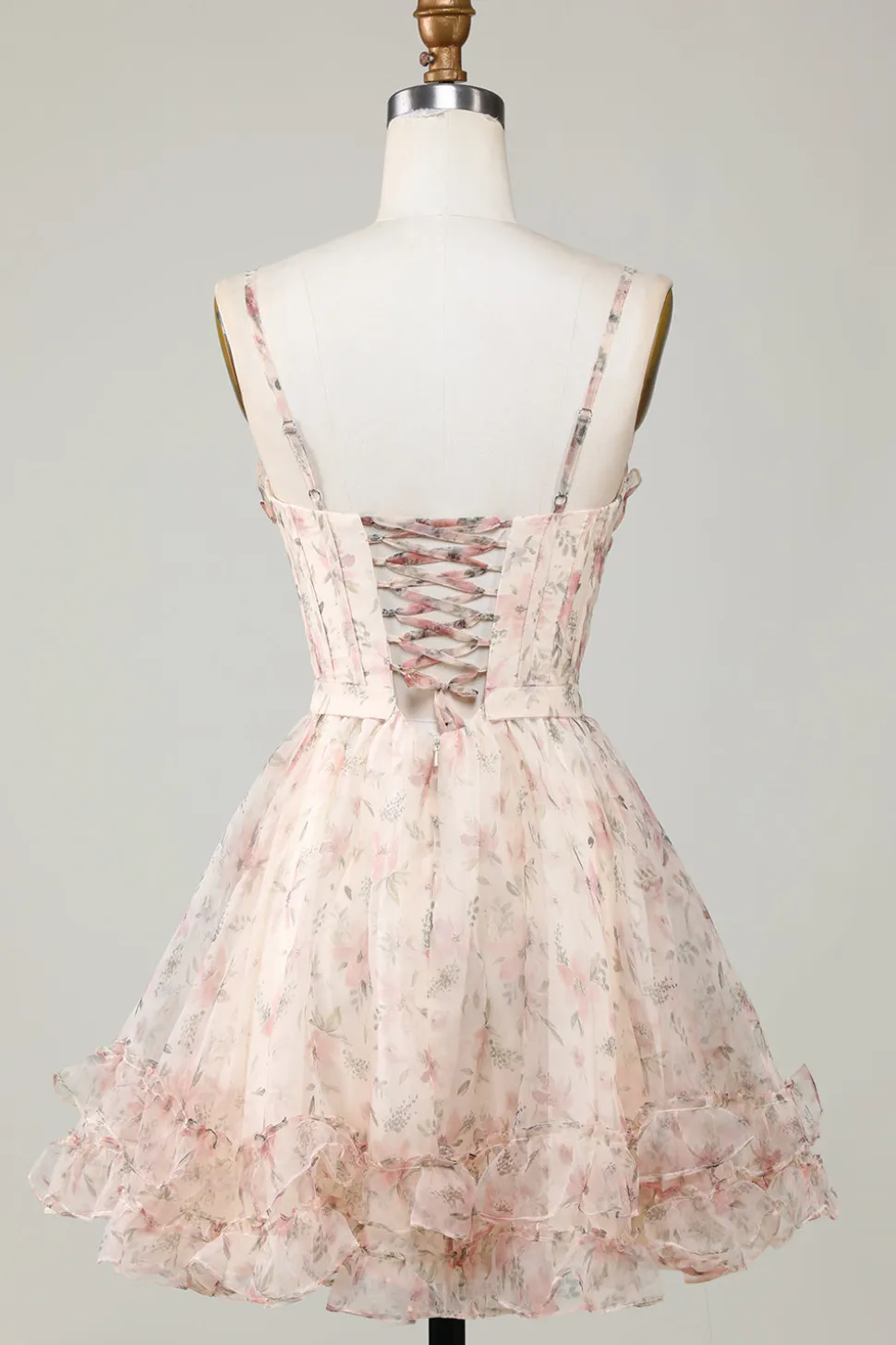 Champagne A-Line Corset Vestido Curto Homecoming Floral