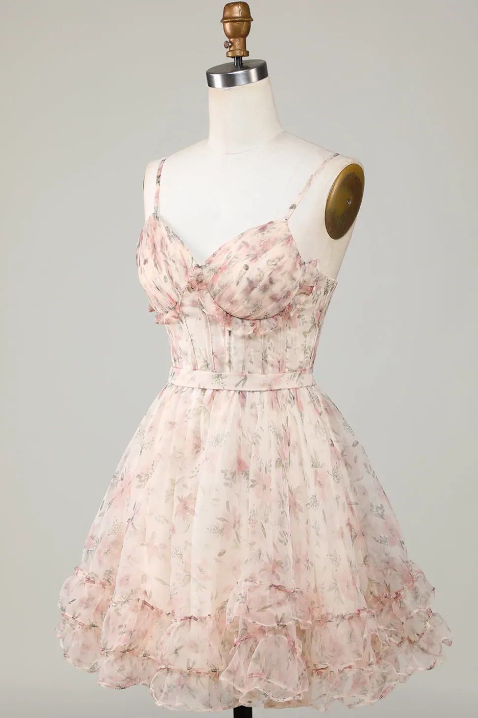 Champagne A-Line Corset Vestido Curto Homecoming Floral