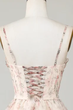 Champagne A-Line Corset Vestido Curto Homecoming Floral
