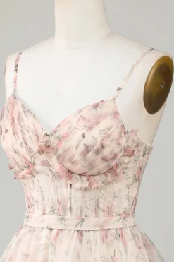 Champagne A-Line Corset Vestido Curto Homecoming Floral