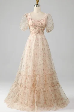 Champagne A-Line Floral Print plissado vestido de baile de formatura com mangas puff