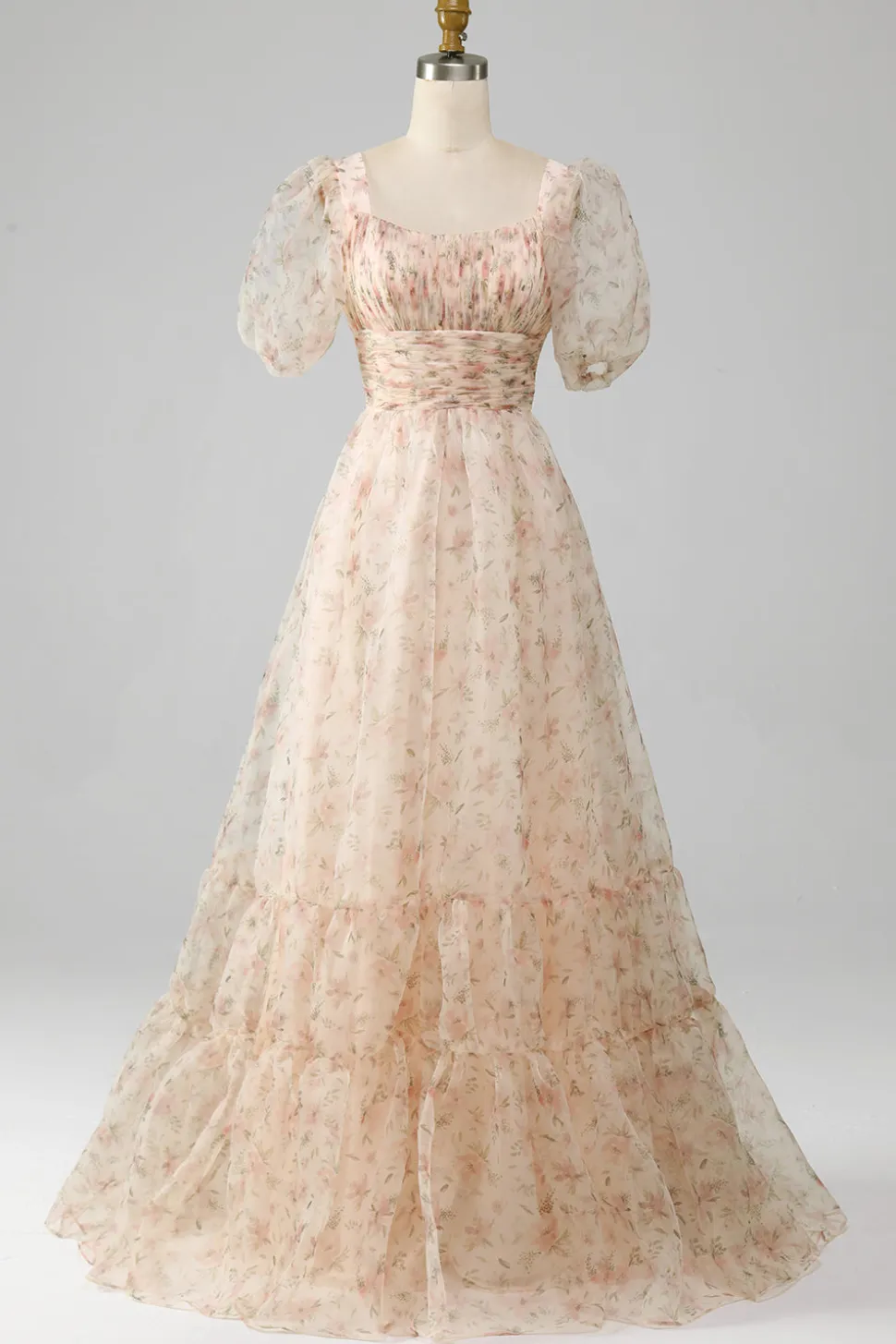 Champagne A-Line Floral Print plissado vestido de baile de formatura com mangas puff