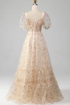 Champagne A-Line Floral Print plissado vestido de baile de formatura com mangas puff