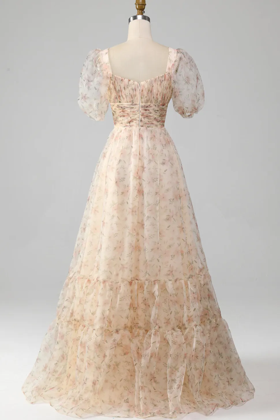 Champagne A-Line Floral Print plissado vestido de baile de formatura com mangas puff