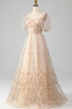 Champagne A-Line Floral Print plissado vestido de baile de formatura com mangas puff