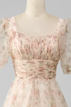 Champagne A-Line Floral Print plissado vestido de baile de formatura com mangas puff