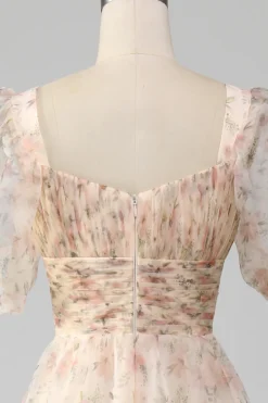 Champagne A-Line Floral Print plissado vestido de baile de formatura com mangas puff