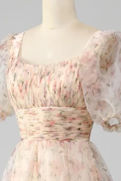 Champagne A-Line Floral Print plissado vestido de baile de formatura com mangas puff