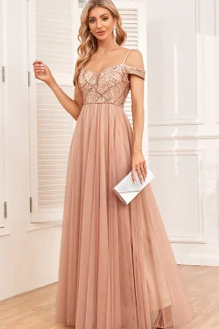 Champagne A-Line Tule Long Prom Dress com Lantejoulas