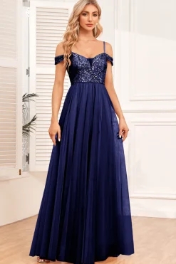Champagne A-Line Tule Long Prom Dress com Lantejoulas