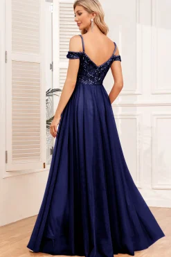 Champagne A-Line Tule Long Prom Dress com Lantejoulas