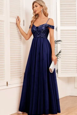 Champagne A-Line Tule Long Prom Dress com Lantejoulas
