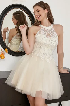 Champagne Beaded Halter Tulle Bonito Vestido de Festa