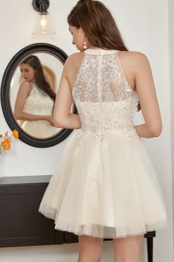 Champagne Beaded Halter Tulle Bonito Vestido de Festa
