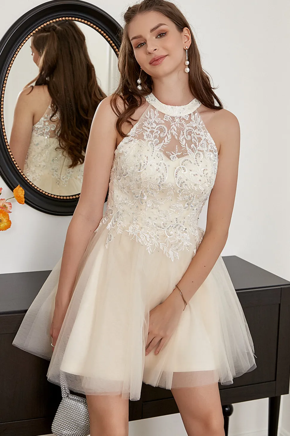 Champagne Beaded Halter Tulle Bonito Vestido de Festa