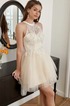 Champagne Beaded Halter Tulle Bonito Vestido de Festa