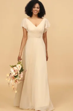 Champagne Cap Mangas Longo Chiffon Vestido de dama de honra