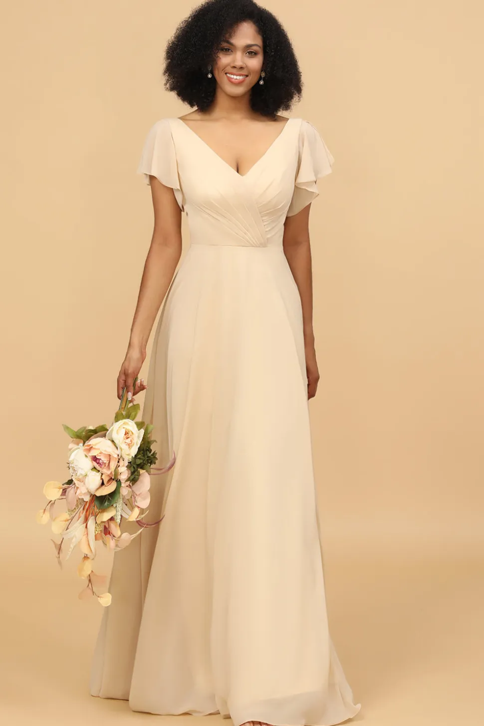 Champagne Cap Mangas Longo Chiffon Vestido de dama de honra
