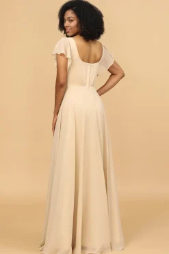 Champagne Cap Mangas Longo Chiffon Vestido de dama de honra