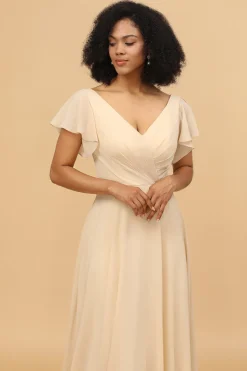 Champagne Cap Mangas Longo Chiffon Vestido de dama de honra