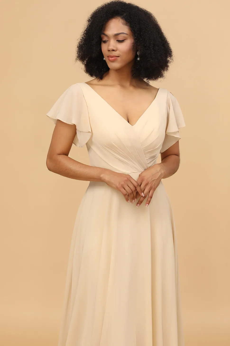 Champagne Cap Mangas Longo Chiffon Vestido de dama de honra