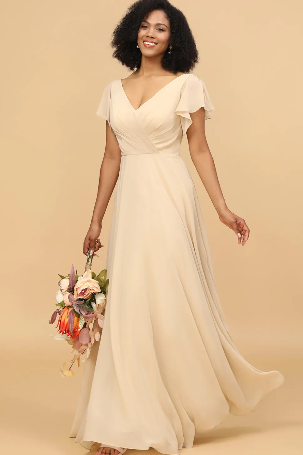 Champagne Cap Mangas Longo Chiffon Vestido de dama de honra