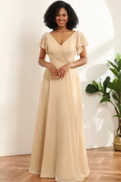 Champagne Cap Mangas Longo Chiffon Vestido de dama de honra