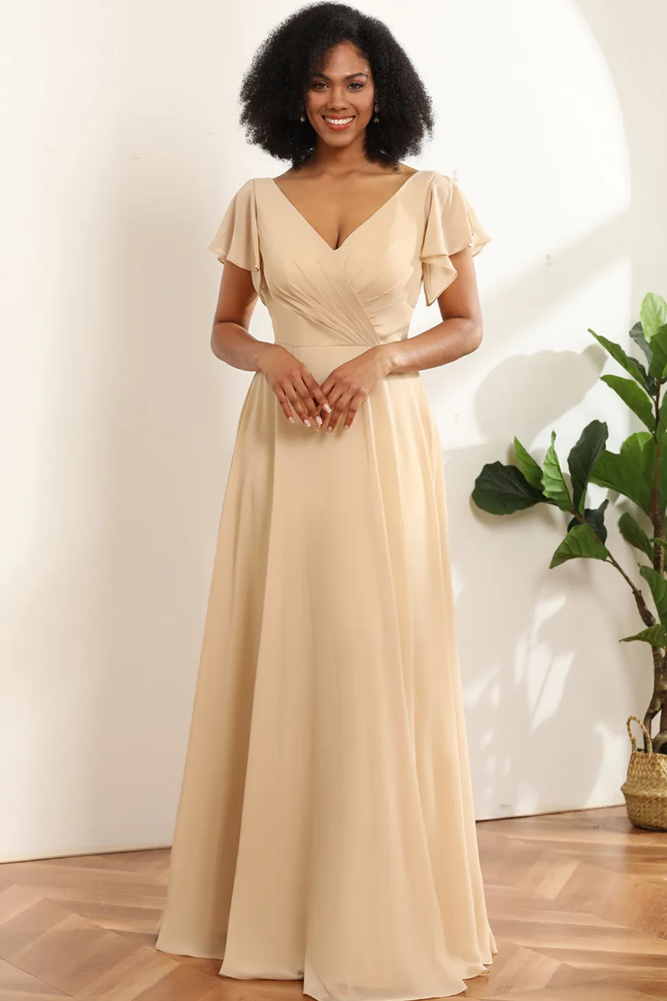 Champagne Cap Mangas Longo Chiffon Vestido de dama de honra