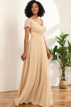 Champagne Cap Mangas Longo Chiffon Vestido de dama de honra
