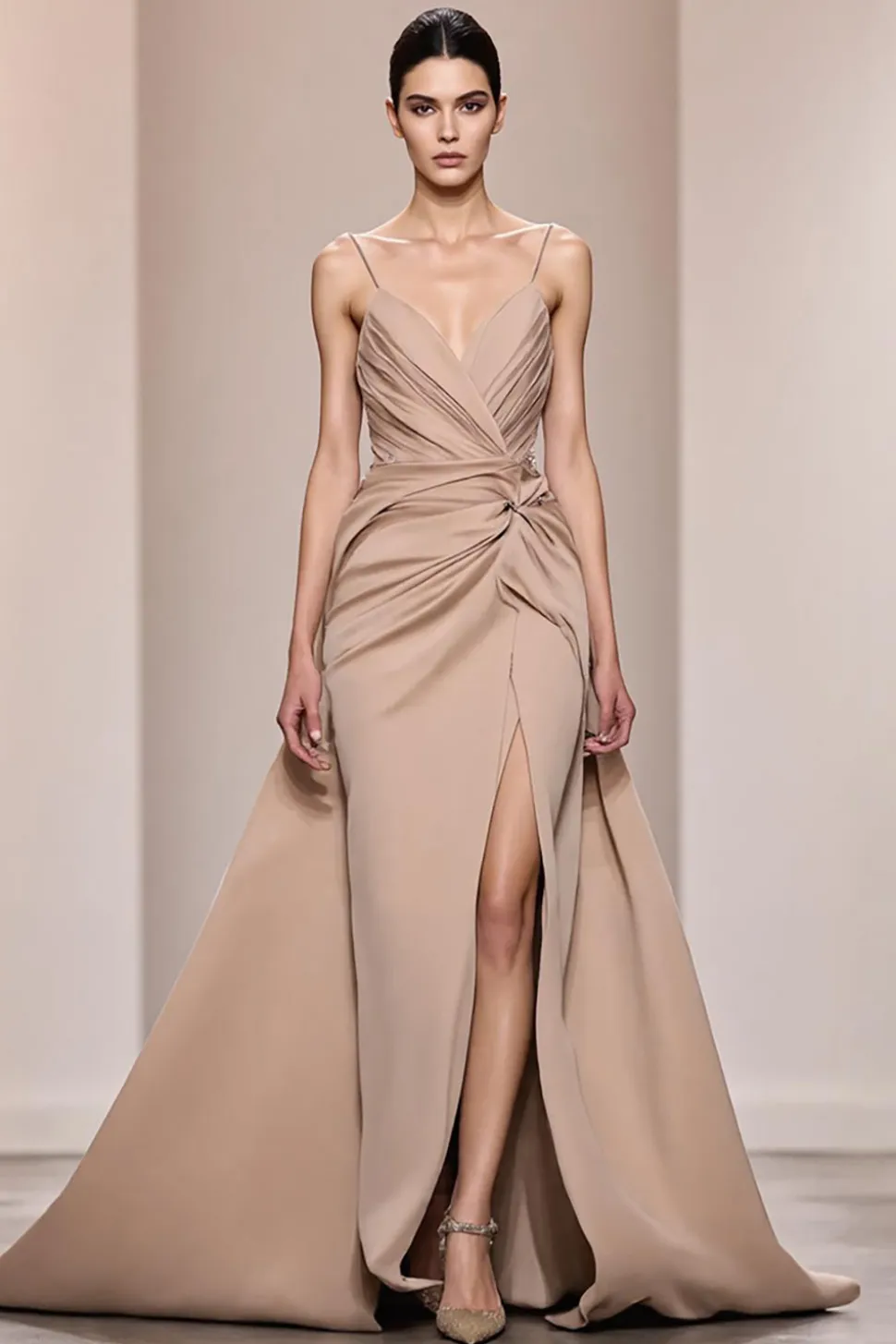 Champagne cetim backless ruched longo vestido de noite com fenda