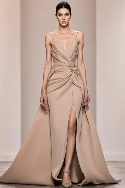 Champagne Cetim Esparguete Correias Vestido de Noite Longo