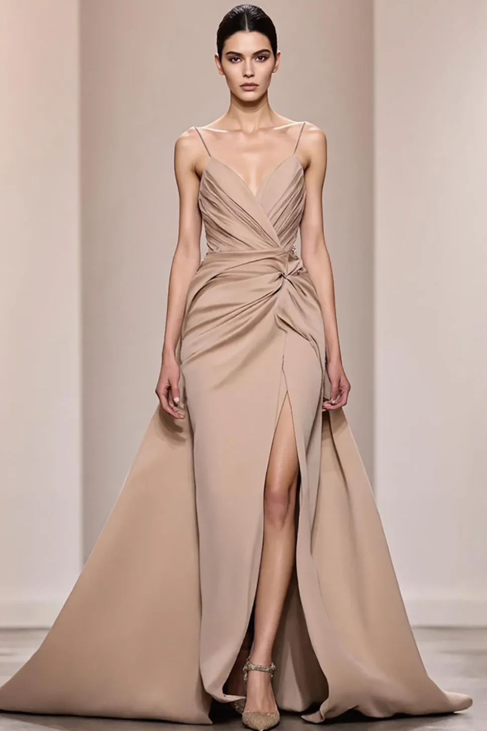 Champagne Cetim Esparguete Correias Vestido de Noite Longo