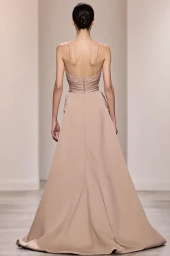 Champagne Cetim Esparguete Correias Vestido de Noite Longo