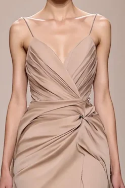 Champagne Cetim Esparguete Correias Vestido de Noite Longo