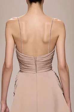 Champagne Cetim Esparguete Correias Vestido de Noite Longo