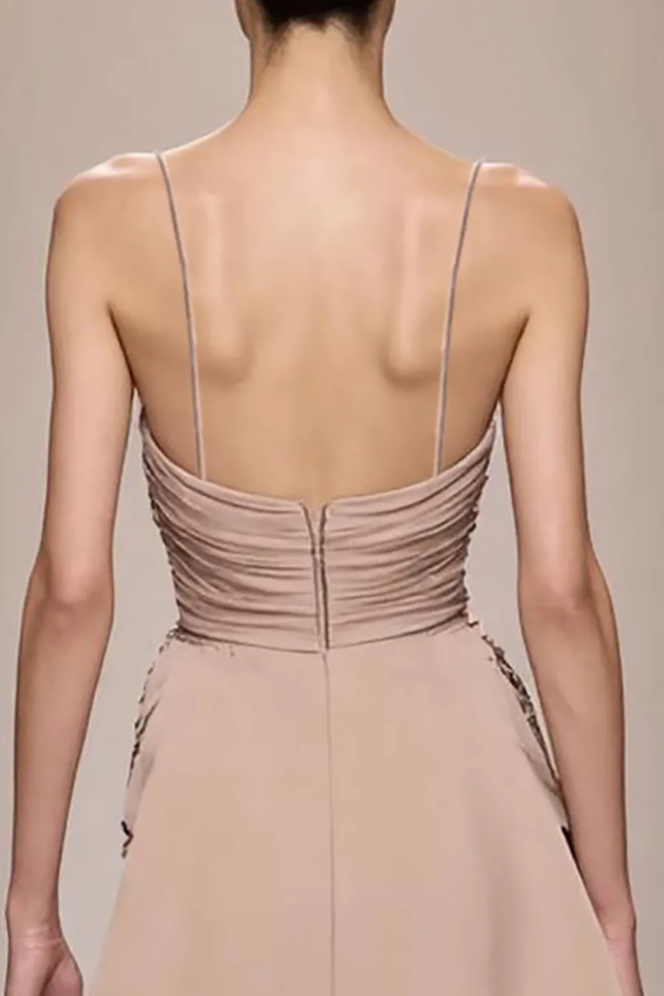 Champagne Cetim Esparguete Correias Vestido de Noite Longo