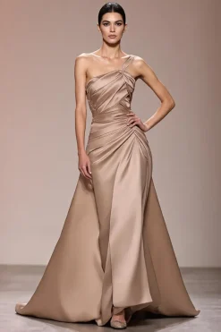 Champagne cetim Ruched longo vestido de noite