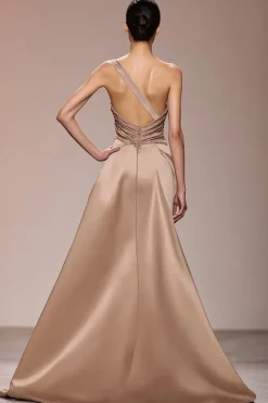 Champagne cetim Ruched longo vestido de noite