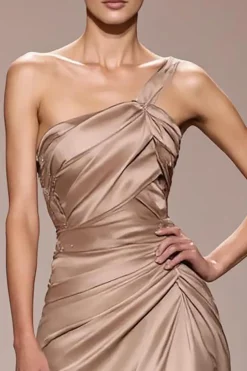 Champagne cetim Ruched longo vestido de noite